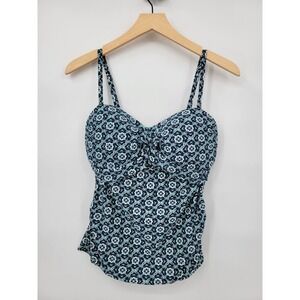 Kona Sol Swim Top Tankini Swimwear Geometric Blue M Strappy Shirt